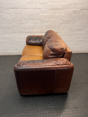 Classic Brown Two-Tone Leather 2 Seater Couch — Mismatched Leather Tones and Heavy Creasing