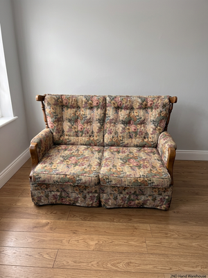 Floral High Back 2 Seater Couch with Wood Detail — Fair Condition with General Wear
