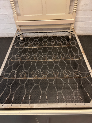 Vintage Style Cream Double Bed Frame with Spindle Posts — Fair Condition with Aged Finish and Base Patina
