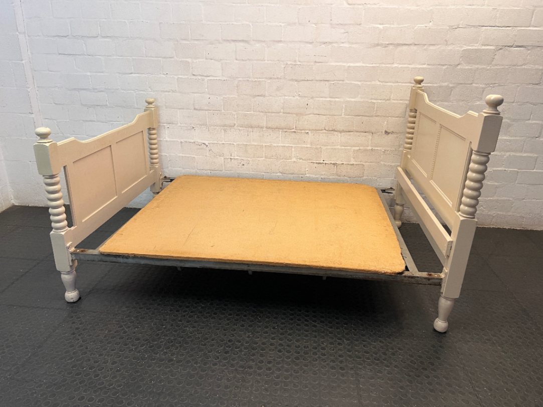 Vintage Style Cream Double Bed Frame with Spindle Posts — Fair Condition with Aged Finish and Base Patina