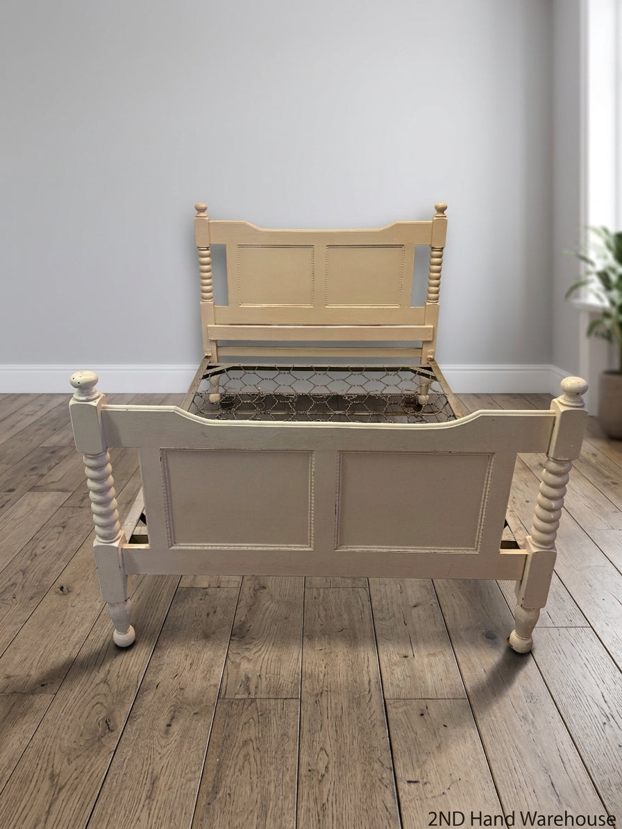 Vintage Style Cream Double Bed Frame with Spindle Posts — Fair Condition with Aged Finish and Base Patina
