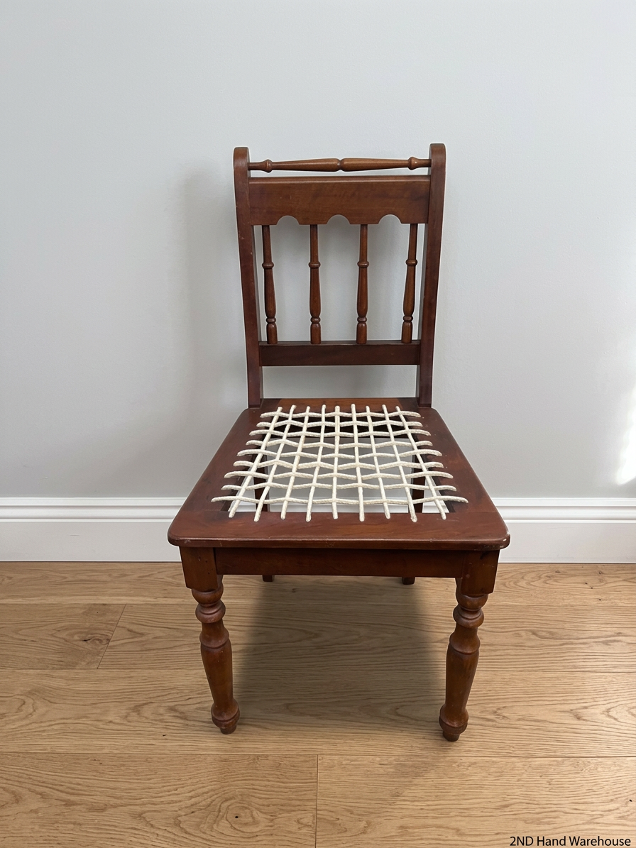 A60404-Traditional Brown Wooden Dining Chair with Woven Seat — Overall Good Condition