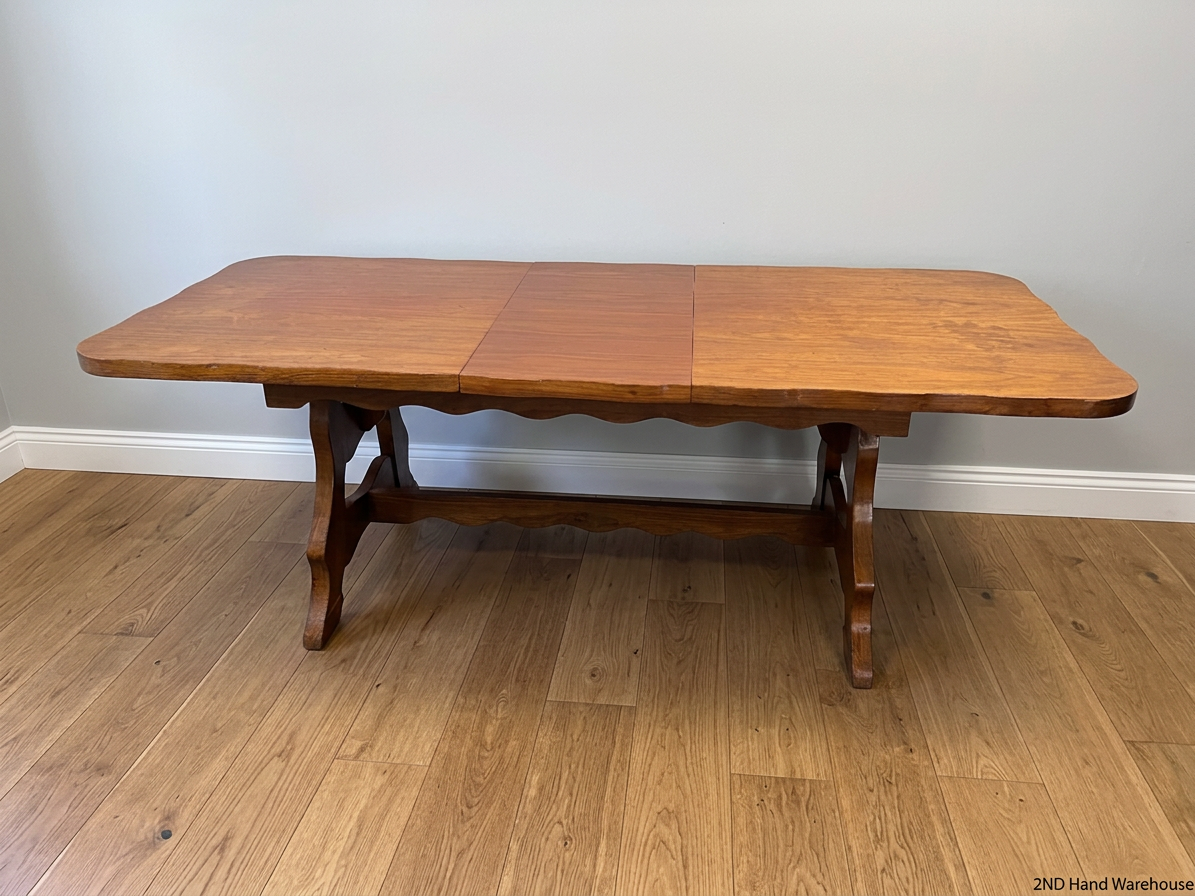 Extendable Wooden Trestle Dining Table — Visible Marks and Wear on Table Top