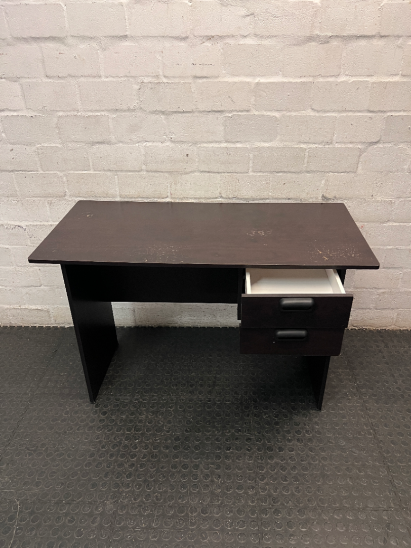 Black Compact Office Desk with Two Drawers — Visible Surface Wear