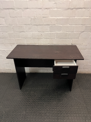 Black Compact Office Desk with Two Drawers — Visible Surface Wear