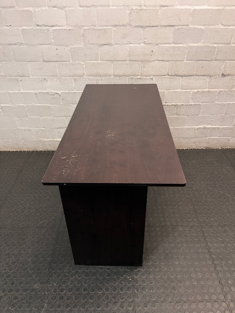 Black Compact Office Desk with Two Drawers — Visible Surface Wear