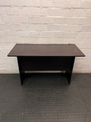 Black Compact Office Desk with Two Drawers — Visible Surface Wear