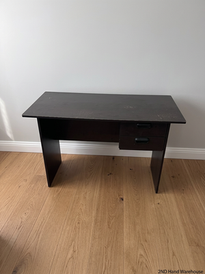 Black Compact Office Desk with Two Drawers — Visible Surface Wear