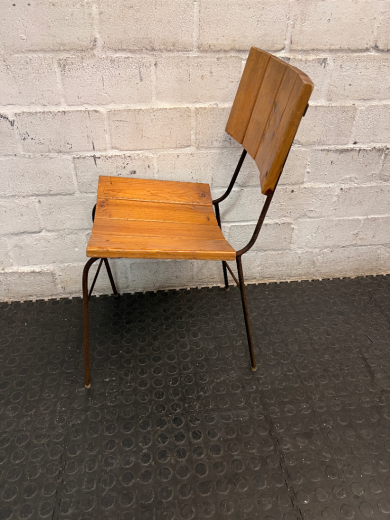 Industrial Timber Slatted School Style Dining Chair — Rusted Metal Frames; Wooden Seats in Good Condition