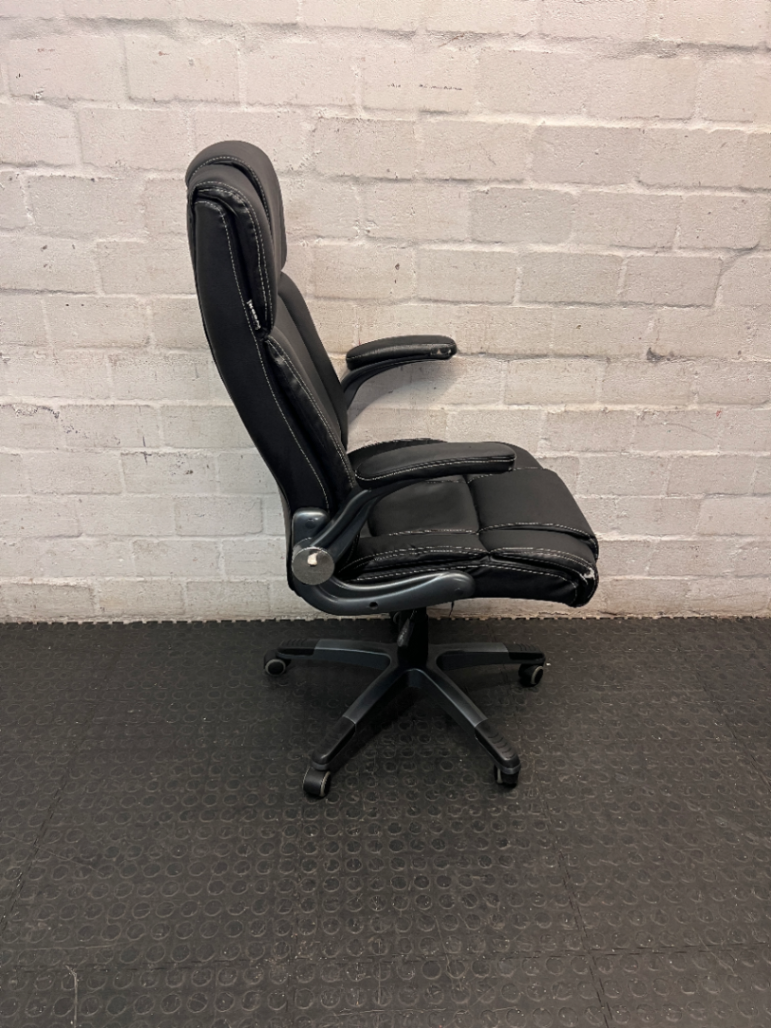 A60450-Black Mid-Back Swivel Office Chair with Contrast Stitching — Visible Wear; One Chair Has Unattached Armrests