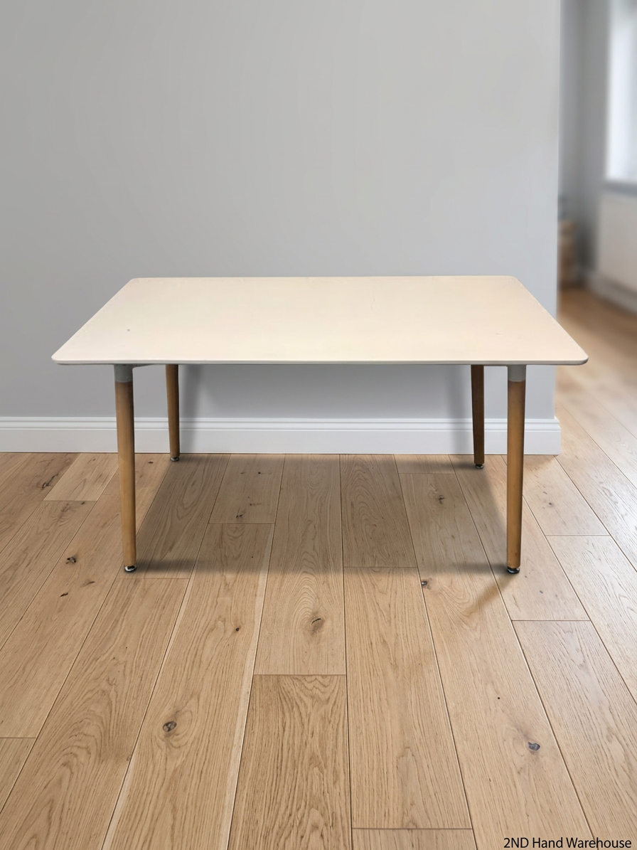 White Rectangular Table with Tapered Wooden Legs — Fair Used Condition