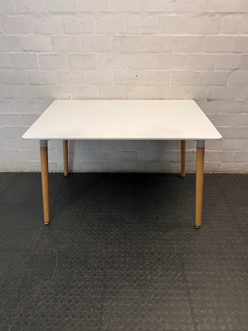 White Rectangular Table with Tapered Wooden Legs — Good Working Order