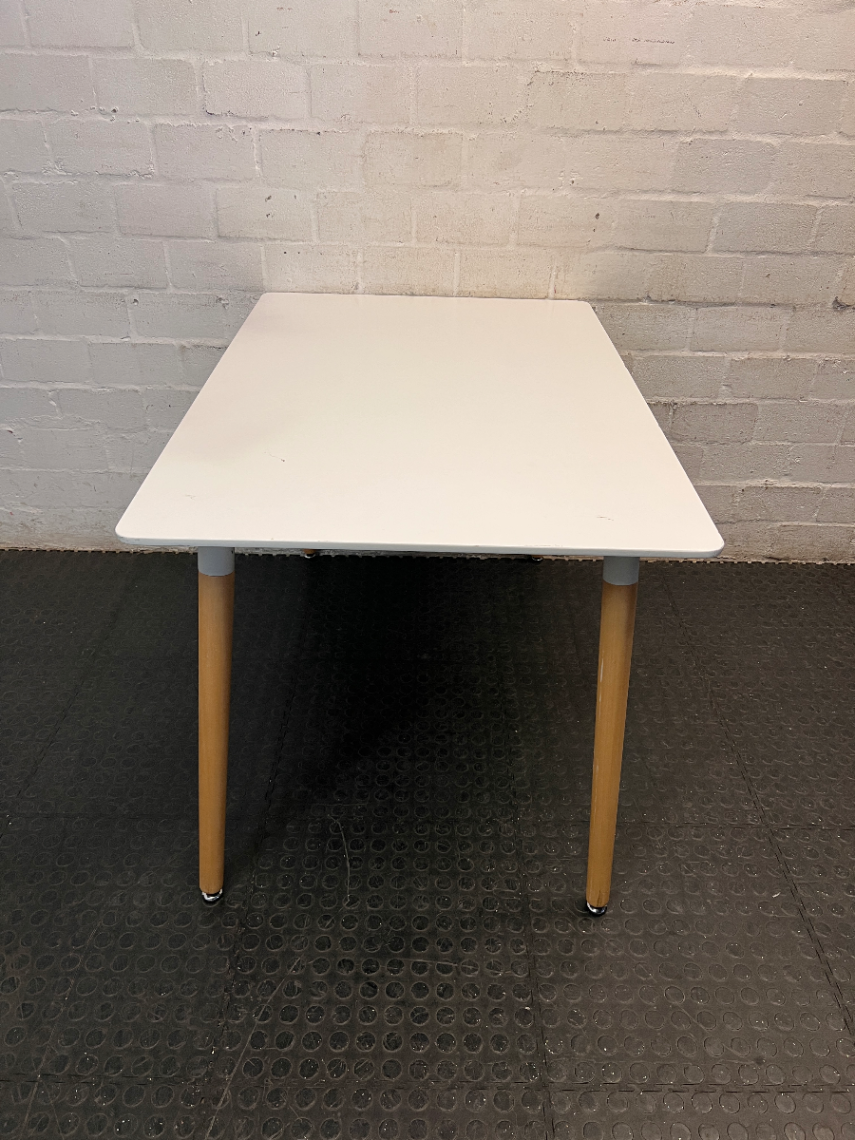 White Rectangular Table with Tapered Wooden Legs — Good Working Order