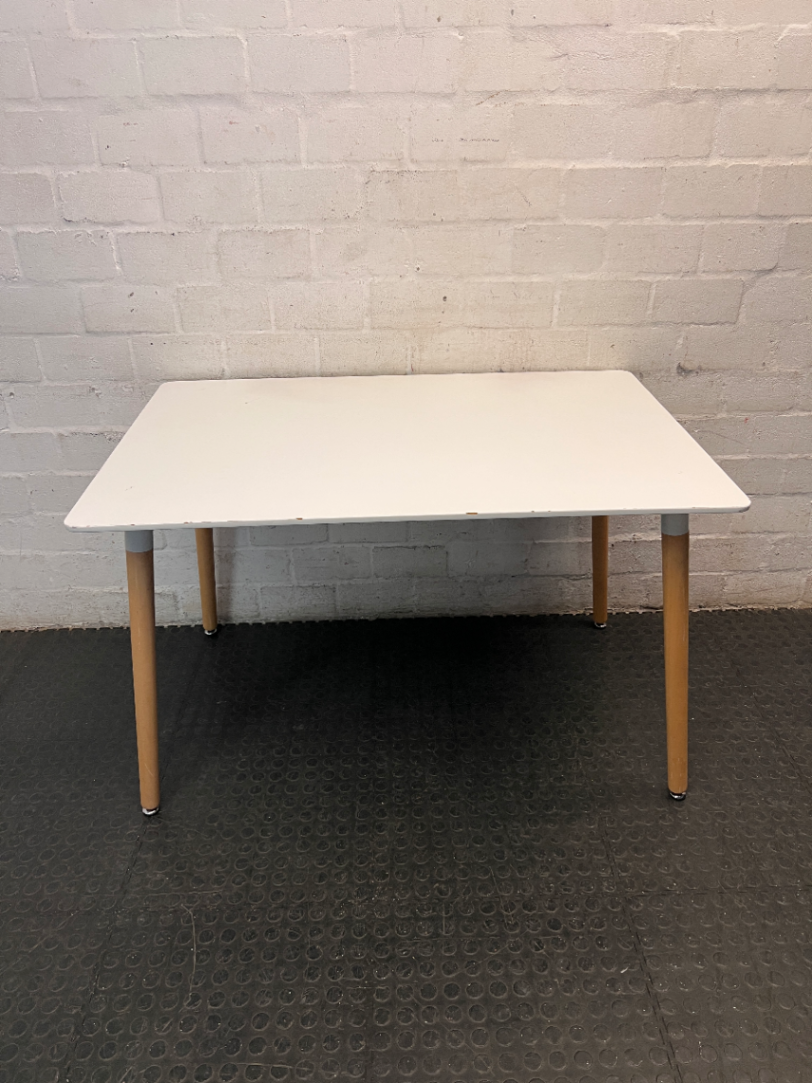 White Rectangular Table with Tapered Wooden Legs — Good Working Order
