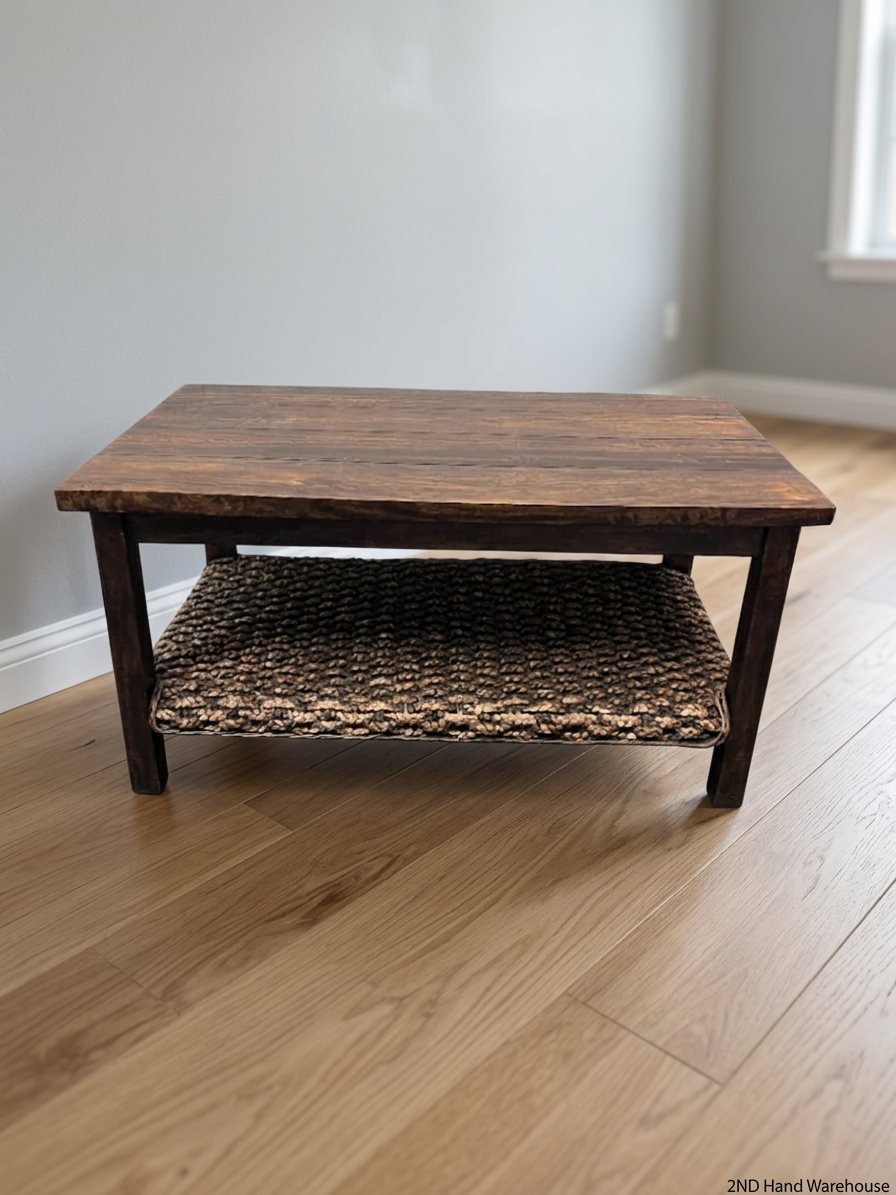 Dark Wood Coffee Table with Woven Storage Shelf — Used; Fair condition