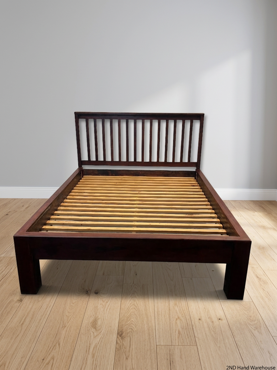 Slat-Back Dark Wood Queen Bed Frame — Very Good Condition