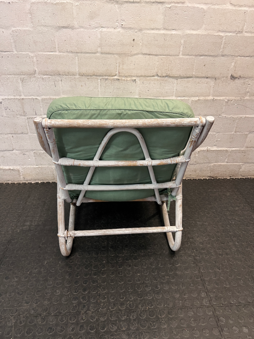 Whitewashed Wicker Armchair with Sage Green Cushions