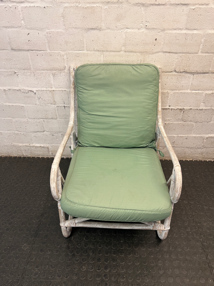 Whitewashed Wicker Armchair with Sage Green Cushions