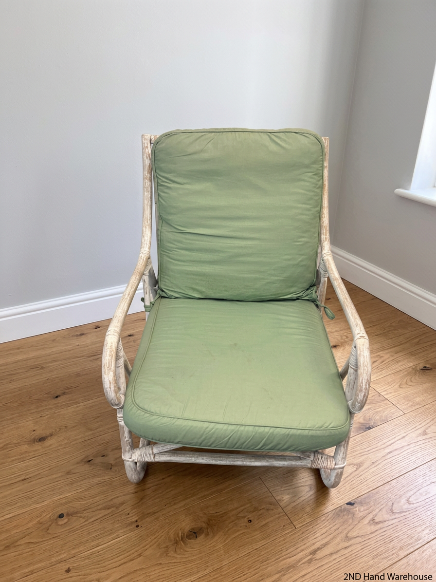 Whitewashed Wicker Armchair with Sage Green Cushions