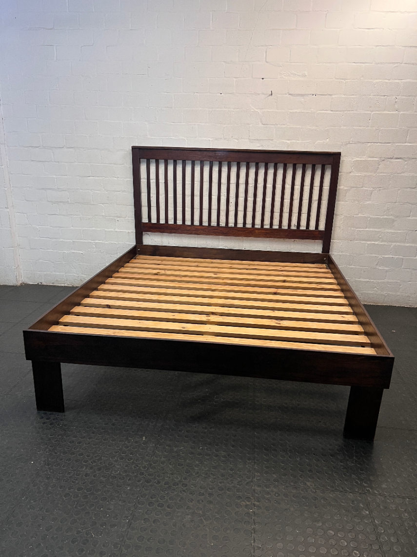 King Wooden Bed Frame with Slatted Headboard — Well Used with Visible Wear