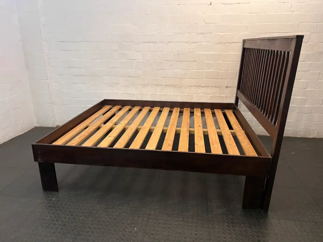 King Wooden Bed Frame with Slatted Headboard — Well Used with Visible Wear