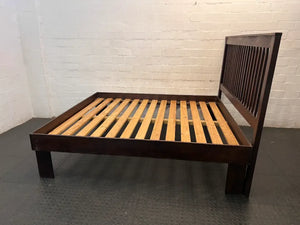 King Wooden Bed Frame with Slatted Headboard — Well Used with Visible Wear