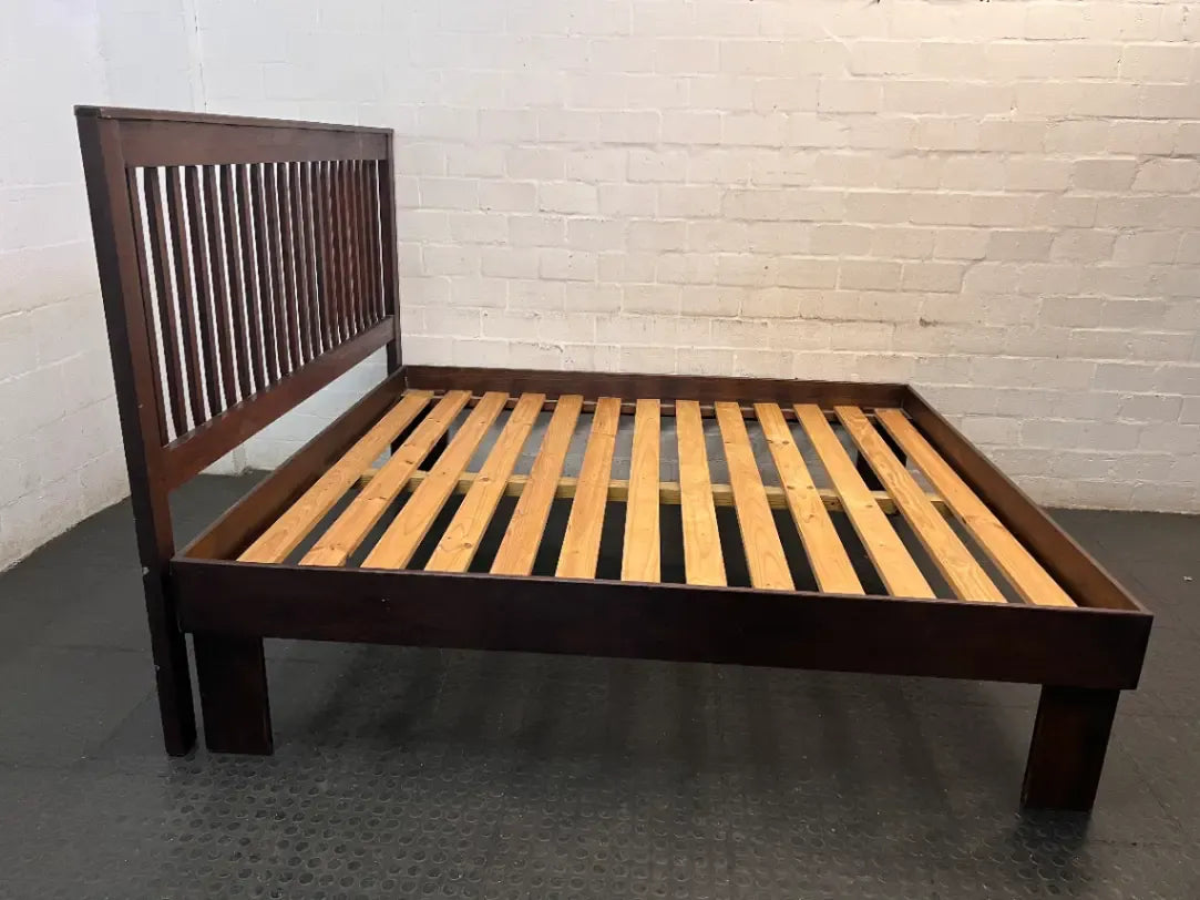 King Wooden Bed Frame with Slatted Headboard — Well Used with Visible Wear