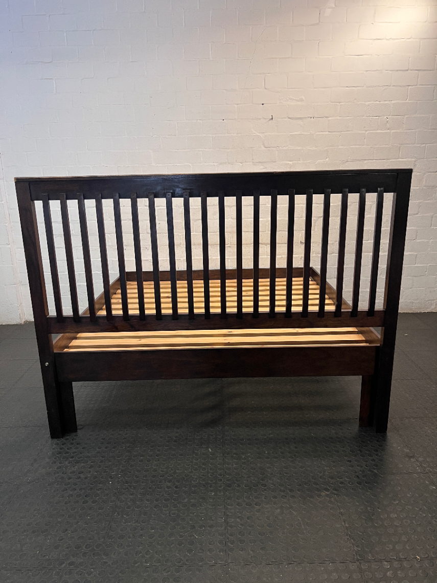 King Wooden Bed Frame with Slatted Headboard — Well Used with Visible Wear