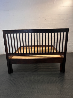 King Wooden Bed Frame with Slatted Headboard — Well Used with Visible Wear