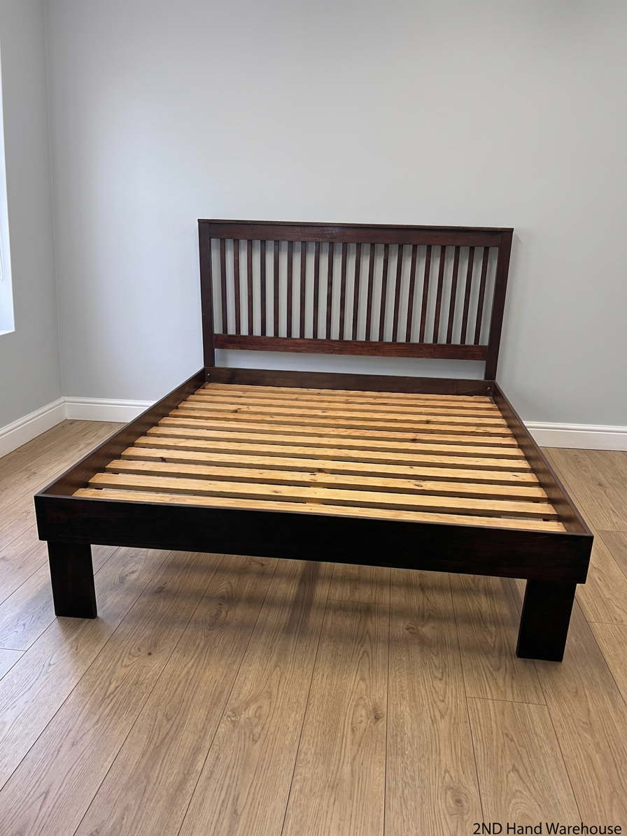 King Wooden Bed Frame with Slatted Headboard — Well Used with Visible Wear