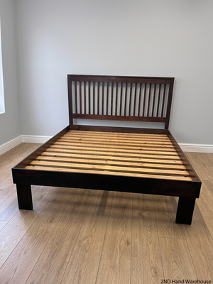 King Wooden Bed Frame with Slatted Headboard — Well Used with Visible Wear