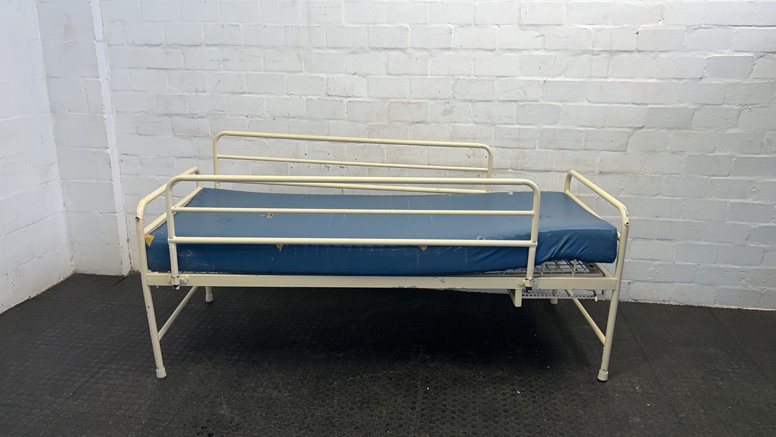 Adjustable Hospital Single Bed with Blue Mattress and Cot Sides (Holes in Mattress Cover ) - REDUCED