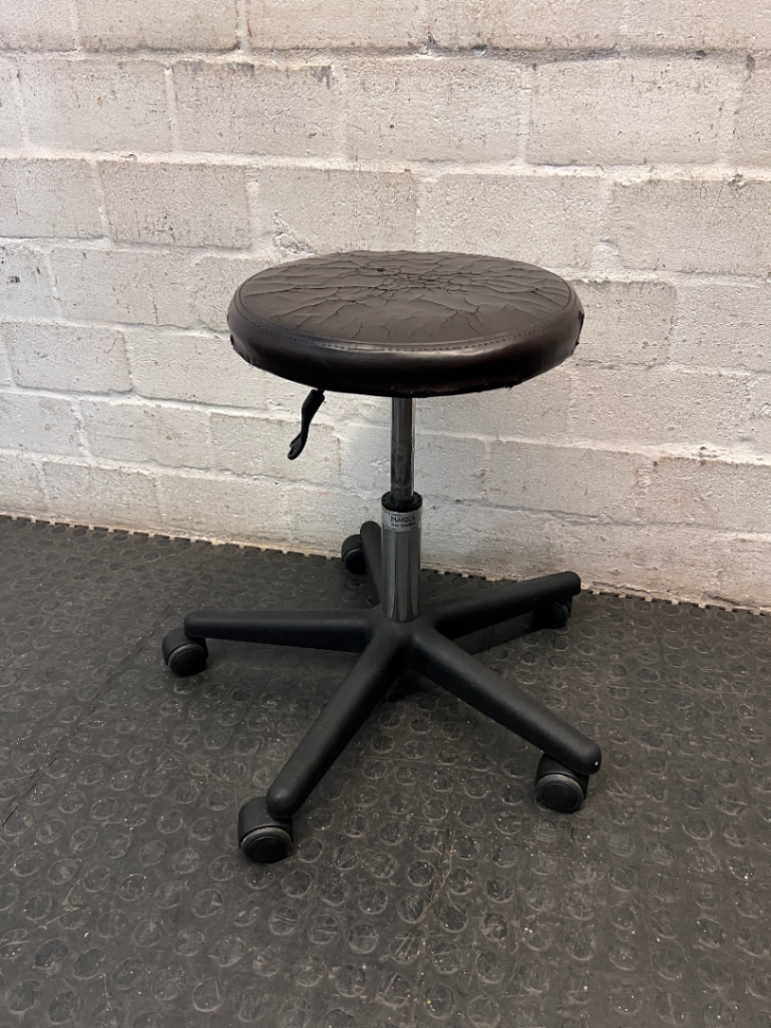 Adjustable Swivel Stool with Castors in Brown — Cracked and Peeling Seat Surface