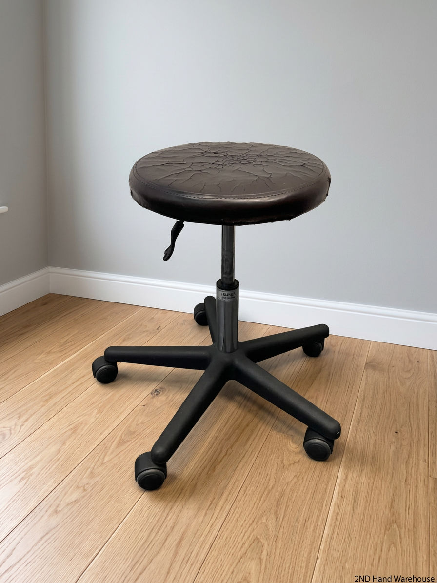 Adjustable Swivel Stool with Castors in Brown — Cracked and Peeling Seat Surface