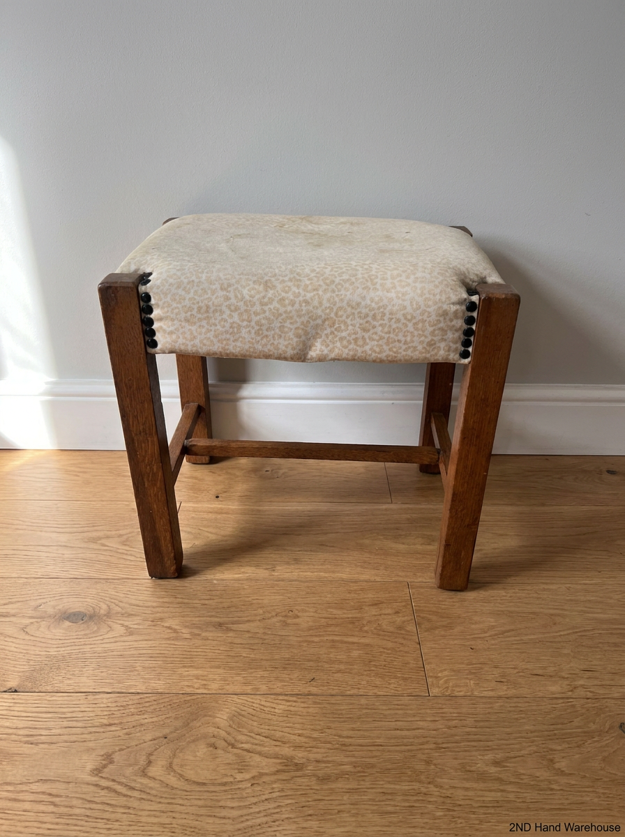 Animal Print Upholstered Wooden Ottoman Footstool — Well Used Condition - 2ndhandwarehouse.com