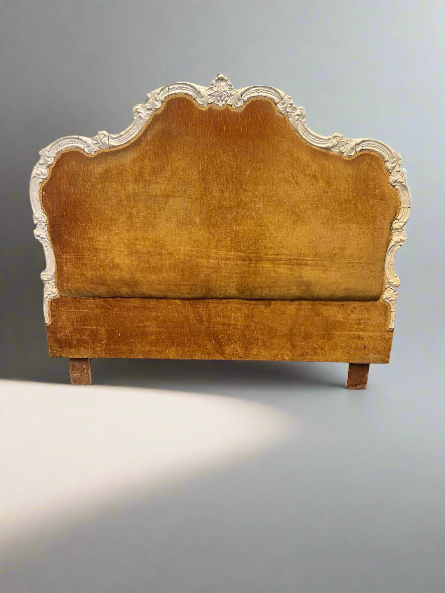 Antique Gold Velvet Queen Headboard with Ornate White Detailing