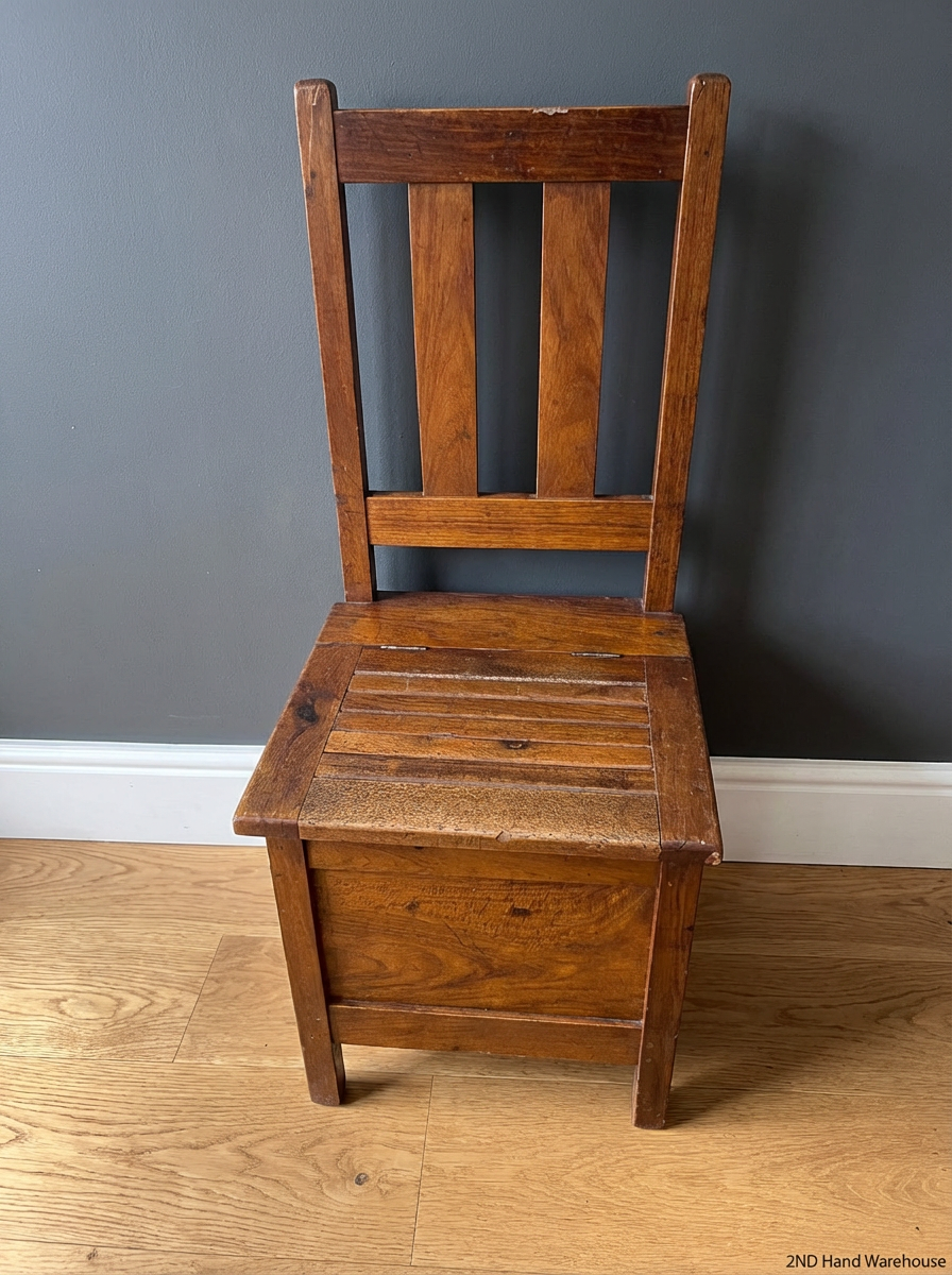 Antique Slat-Back Wooden Chair with Under-Seat Storage Box - 2ndhandwarehouse.com