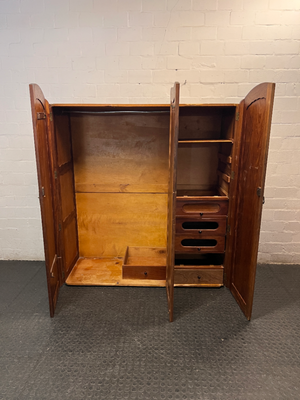 Triple Door Wooden Wardrobe with Drawers and Shelves — Worn Timber with Missing Internal Components