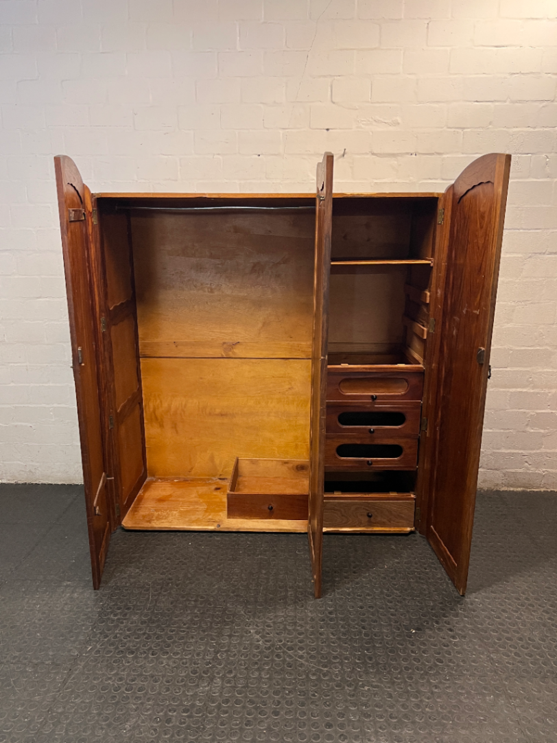 Triple Door Wooden Wardrobe with Drawers and Shelves — Worn Timber with Missing Internal Components