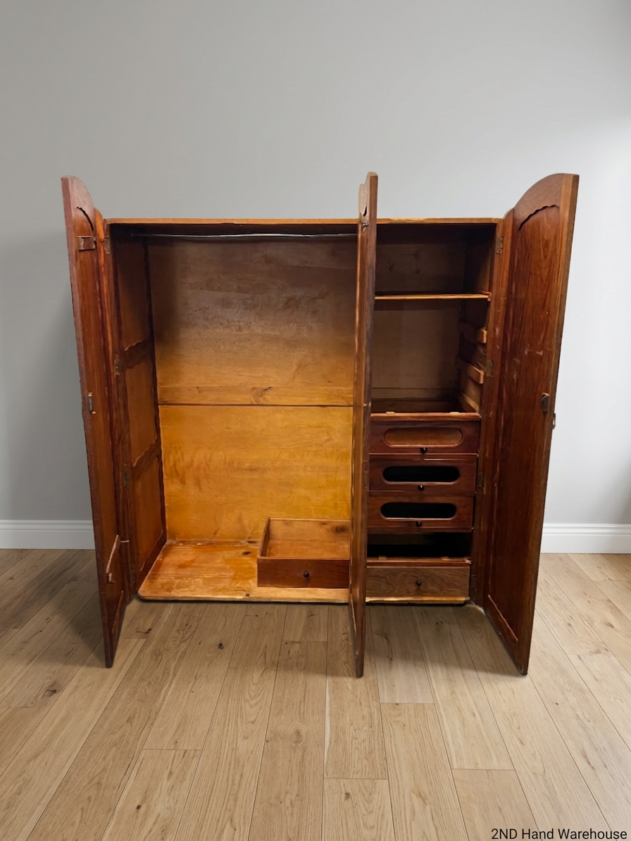 Triple Door Wooden Wardrobe with Drawers and Shelves — Worn Timber with Missing Internal Components - REDUCED