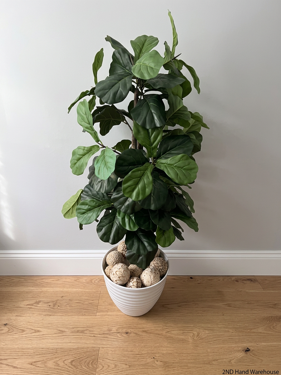 Artificial Fiddle Leaf Fig Plant in White Ribbed Pot — Clean Condition