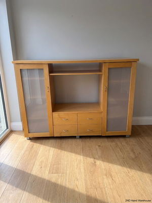 Beech Veneer TV Unit with Frosted Glass Doors - 2ndhandwarehouse.com