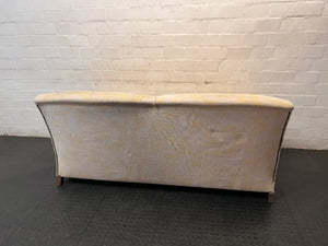 Beige Floral Patterned 2 Seater Couch with Wooden Feet — Fair Condition with General Wear