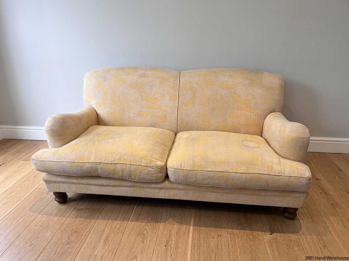 Beige Floral Patterned 2 Seater Couch with Wooden Feet — Fair Condition with General Wear