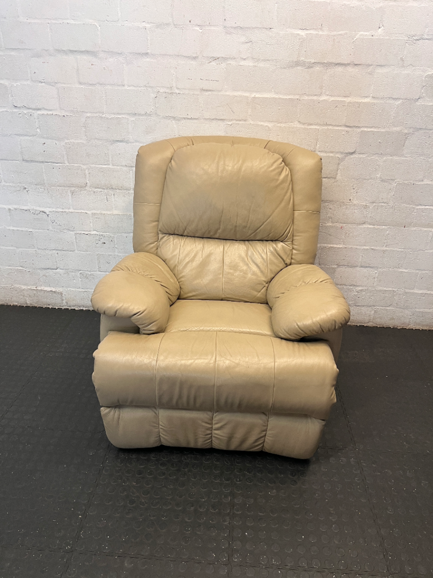 Beige Leather Manual Recliner Armchair - Visible Wear - 2ndhandwarehouse.com