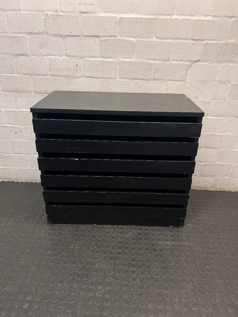 Black 6-Drawer Office Filing Unit — Visible Surface Scuffs and Chipping