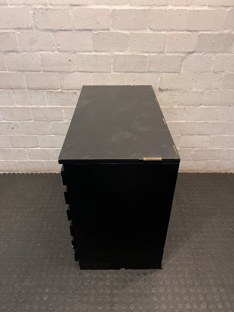 Black 6-Drawer Office Filing Unit — Visible Surface Scuffs and Chipping