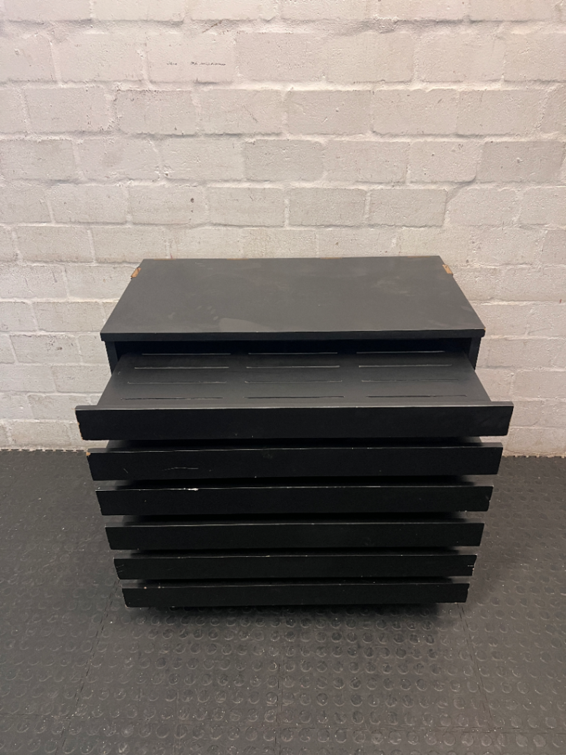 Black 6-Drawer Office Filing Unit — Visible Surface Scuffs and Chipping