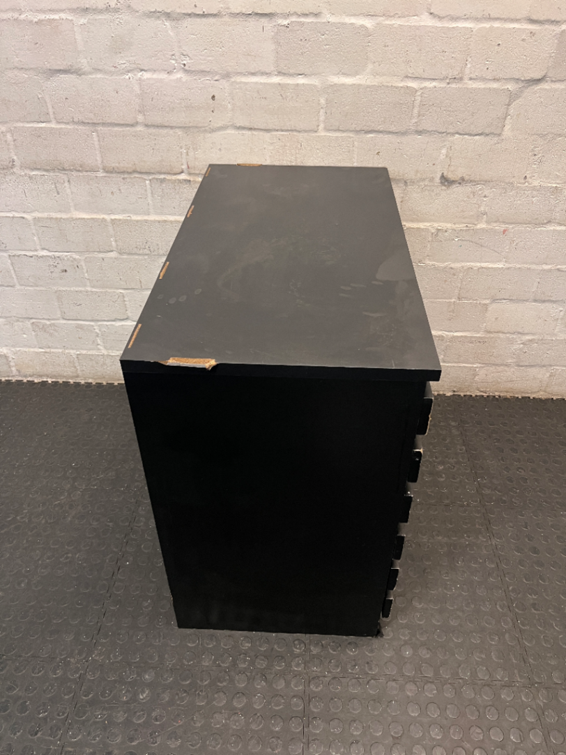 Black 6-Drawer Office Filing Unit — Visible Surface Scuffs and Chipping