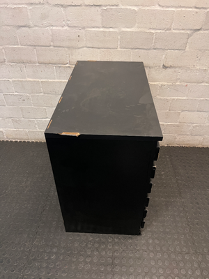 Black 6-Drawer Office Filing Unit — Visible Surface Scuffs and Chipping